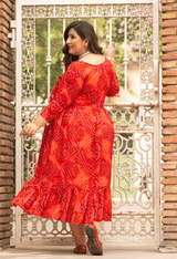 Bandhani Printed Maroon Angarakha Fit & Flare Midi Dress