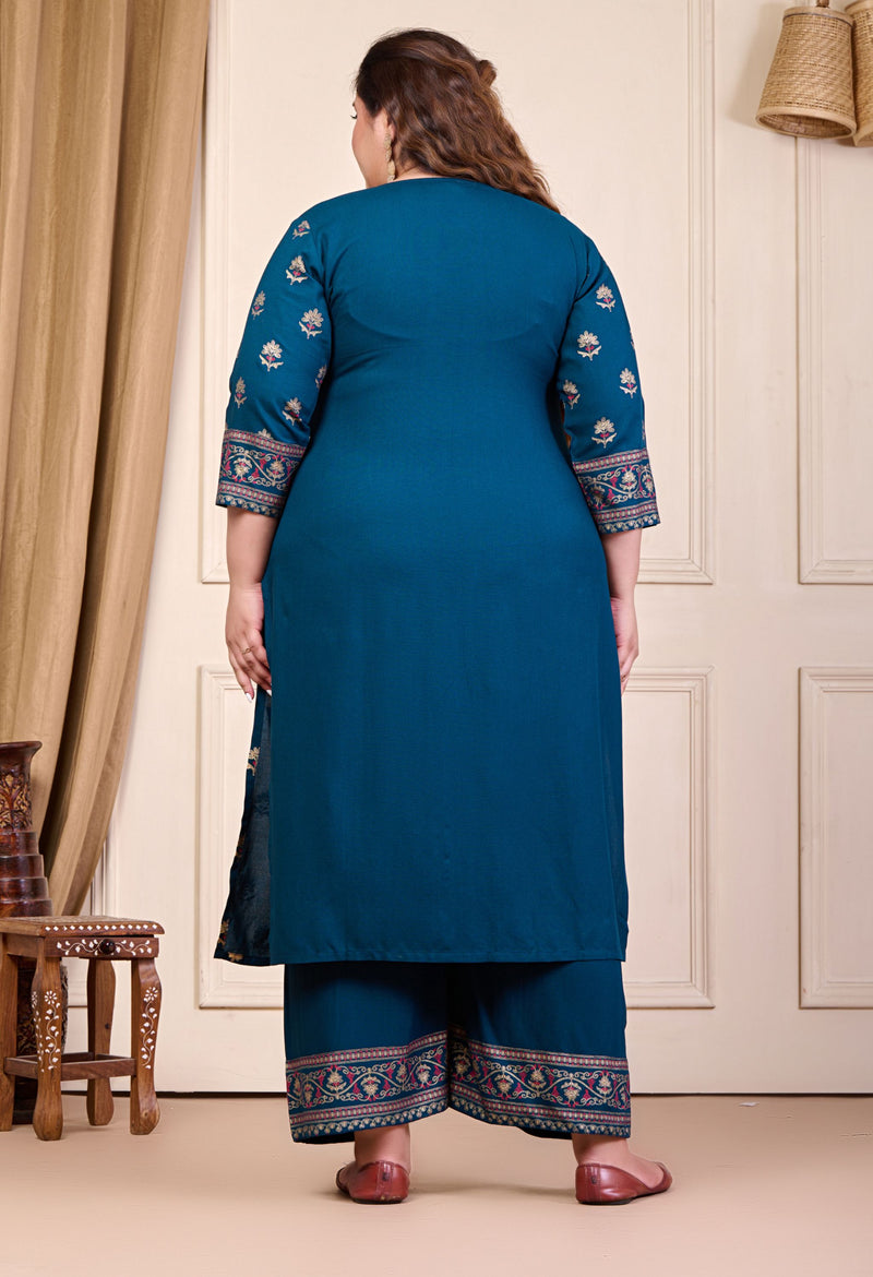 Plus Size Gold Printed Shervani Teal Kurta Palazzo Set