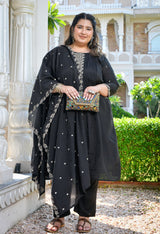 Zehra Black Silk Blend Embroidered 3-Piece Kurta Set with Dupatta