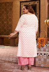 Plus Size Pearl White and Pink Jaipuri Cotton Suit Set with Dupatta