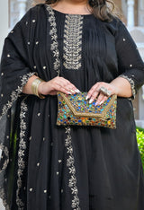 Zehra Black Silk Blend Embroidered 3-Piece Kurta Set with Dupatta