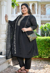 Zehra Black Silk Blend Embroidered 3-Piece Kurta Set with Dupatta