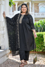 Zehra Black Silk Blend Embroidered 3-Piece Kurta Set with Dupatta