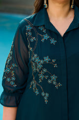 Plus Size Teal Blue Embellished Georgette Co-ord Set