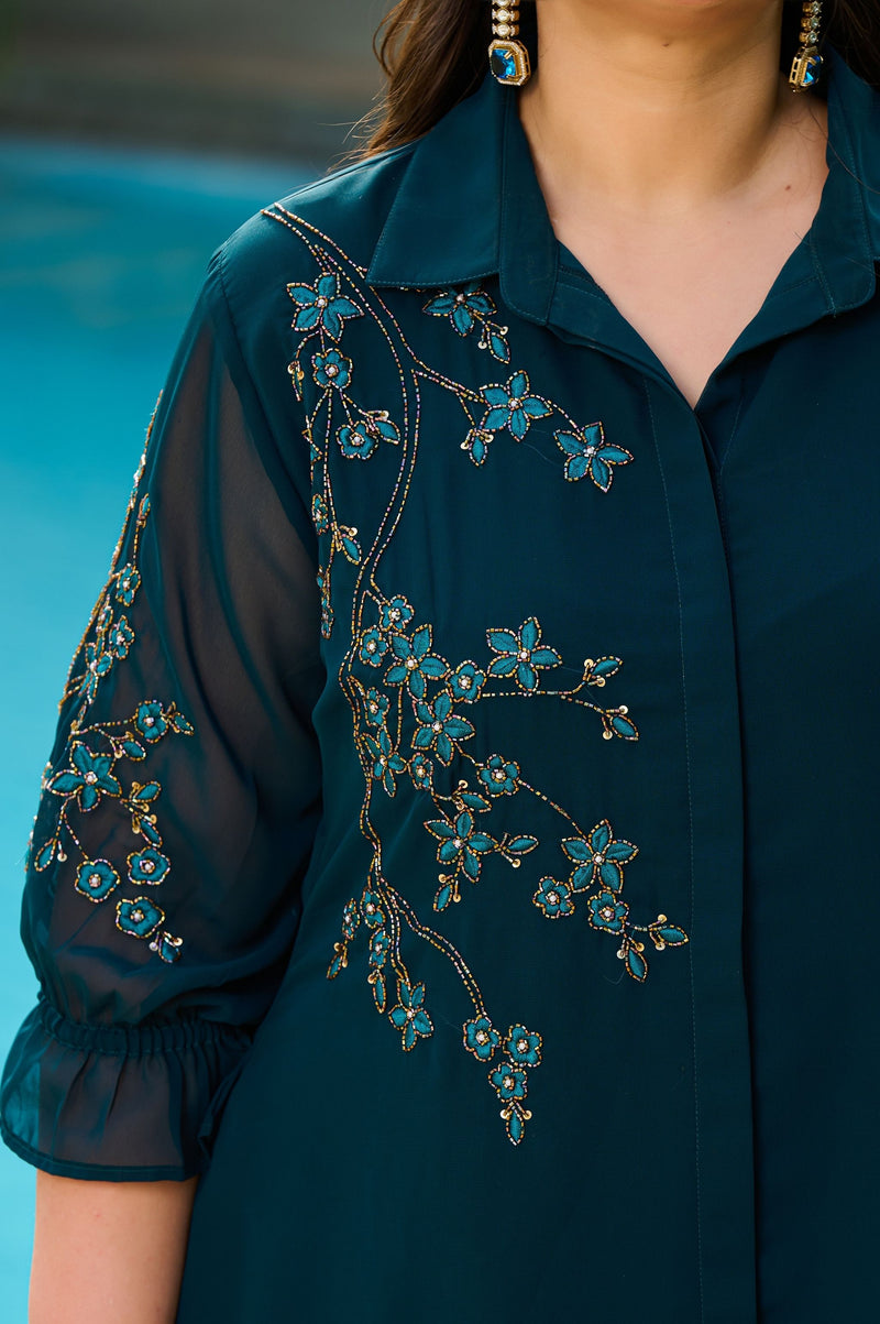 Plus Size Teal Blue Embellished Georgette Co-ord Set