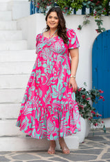 Plus Size Hot Pink Flowy Ruched Midi Dress