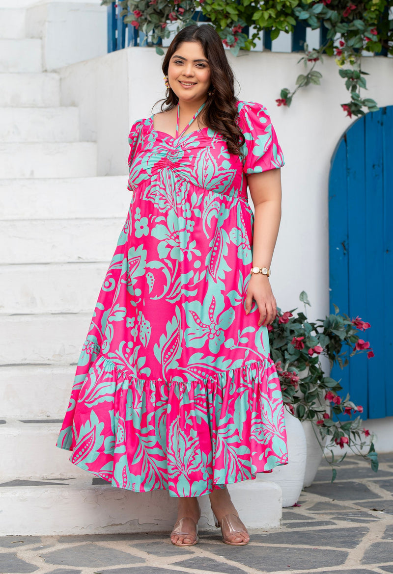 Plus Size Hot Pink Flowy Ruched Midi Dress