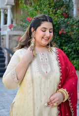 Inayat Ivory Silk Blend Embroidered 3-Piece Kurta Set with Rani Pink Dupatta