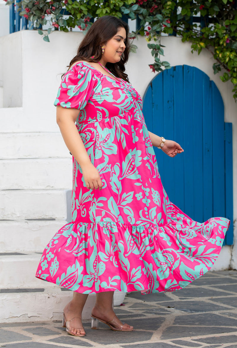 Plus Size Hot Pink Flowy Ruched Midi Dress