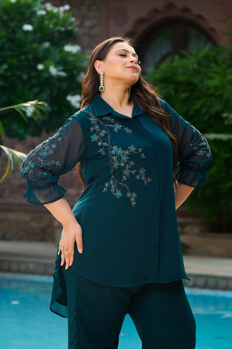 Plus Size Teal Blue Embellished Georgette Co-ord Set