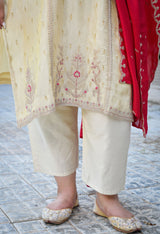 Inayat Ivory Silk Blend Embroidered 3-Piece Kurta Set with Rani Pink Dupatta