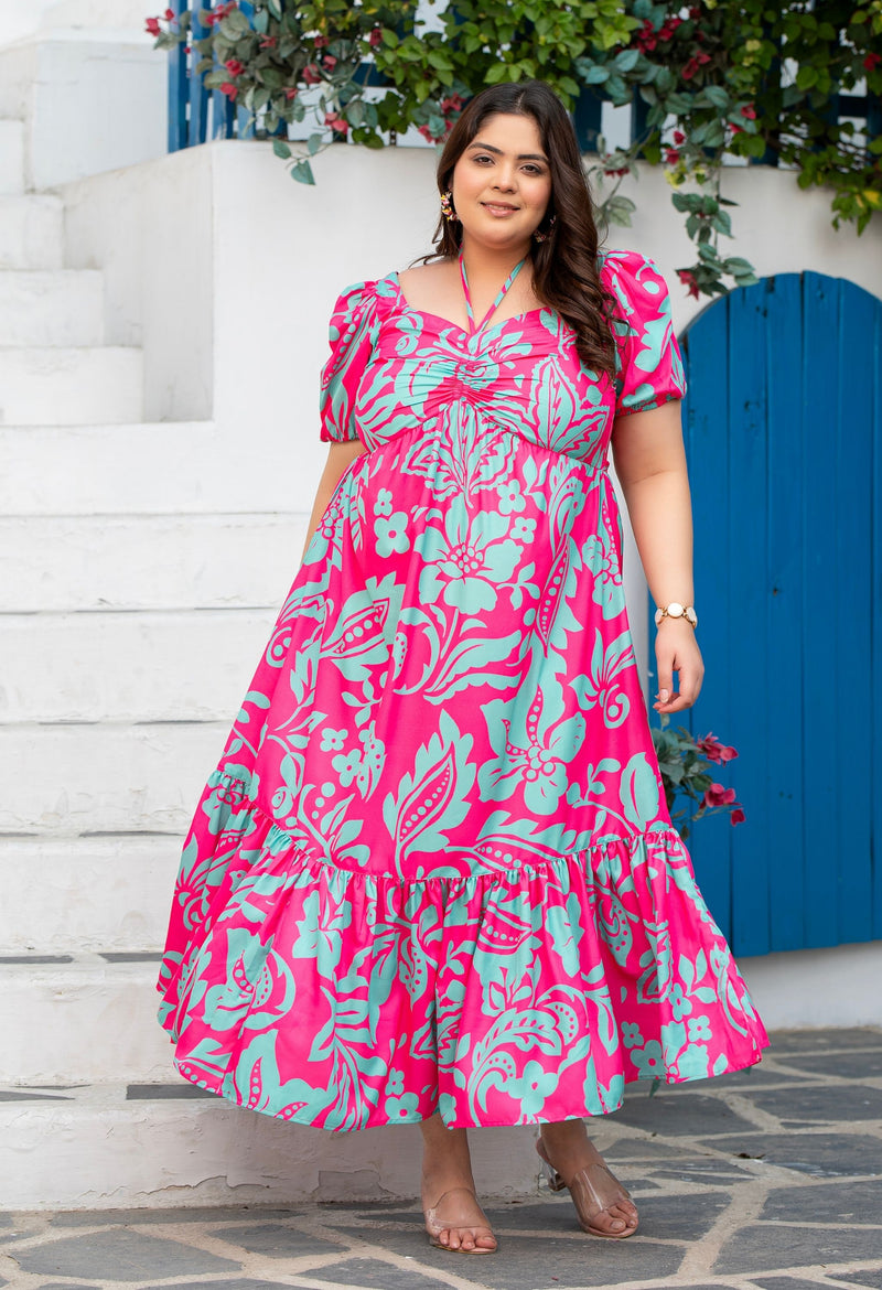 Plus Size Hot Pink Flowy Ruched Midi Dress