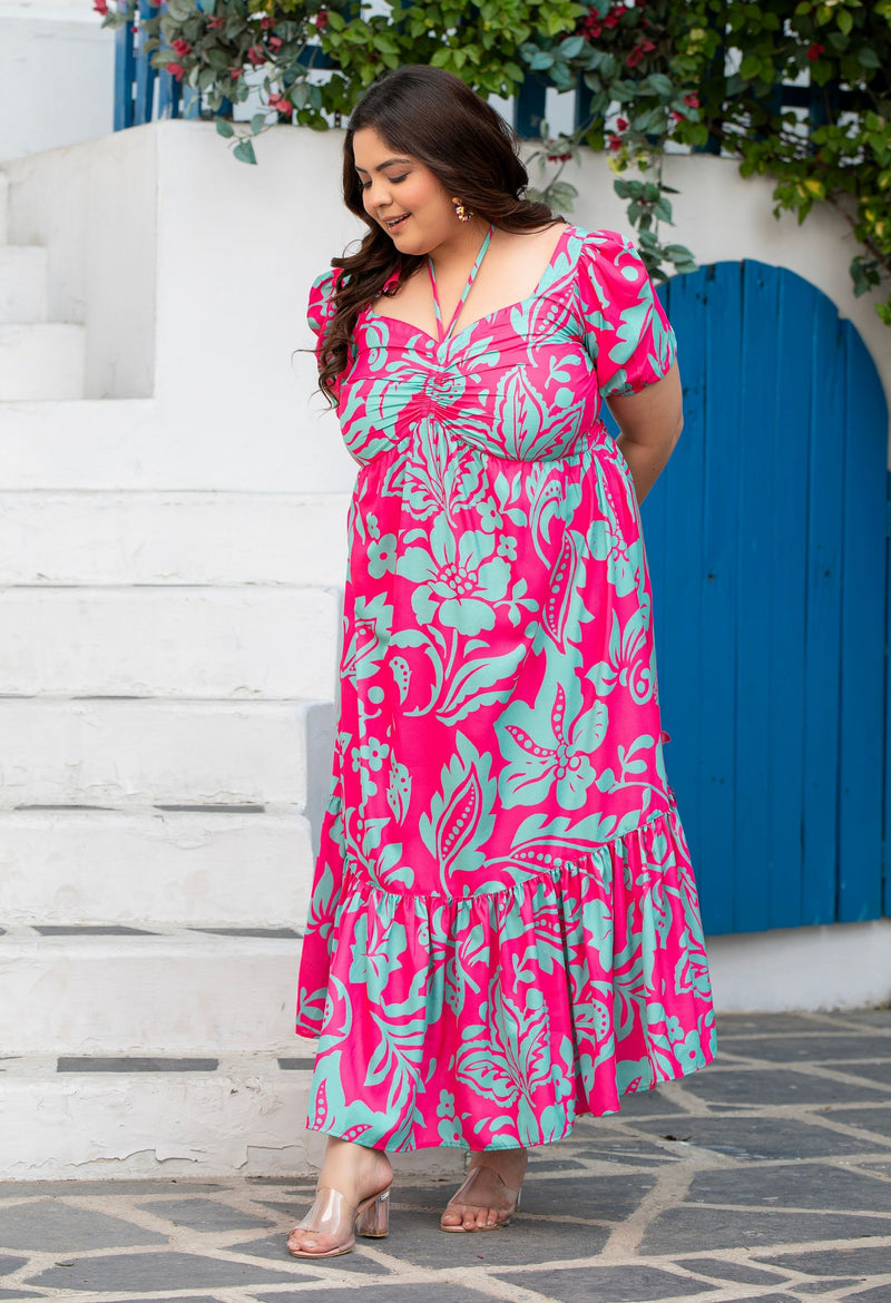 pink flowy dress plus size Qunyiney Puff Short Sleeve Womens Summer Dresses Plus Size Pink Long Casual Flowy A Line Dress Vacation Pleated Loose Fit V Neck Dresses, Women's,