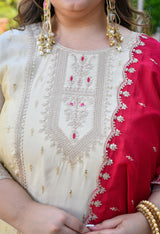 Inayat Ivory Silk Blend Embroidered 3-Piece Kurta Set with Rani Pink Dupatta