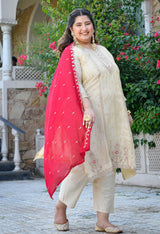 Inayat Ivory Silk Blend Embroidered 3-Piece Kurta Set with Rani Pink Dupatta