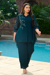 Plus Size Teal Blue Embellished Georgette Co-ord Set