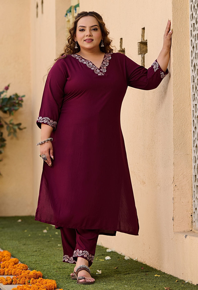 Plus Size Evergreen Wine Aari Embroidered Kurta Pant Set