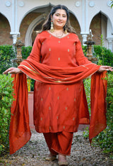 Zariya Rust Mul Chanderi Embroidered 3-Piece Kurta Set with Dupatta