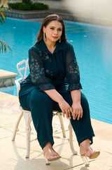 Plus Size Teal Blue Embellished Georgette Co-ord Set