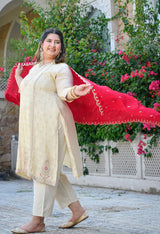 Inayat Ivory Silk Blend Embroidered 3-Piece Kurta Set with Rani Pink Dupatta
