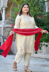 Inayat Ivory Silk Blend Embroidered 3-Piece Kurta Set with Rani Pink Dupatta
