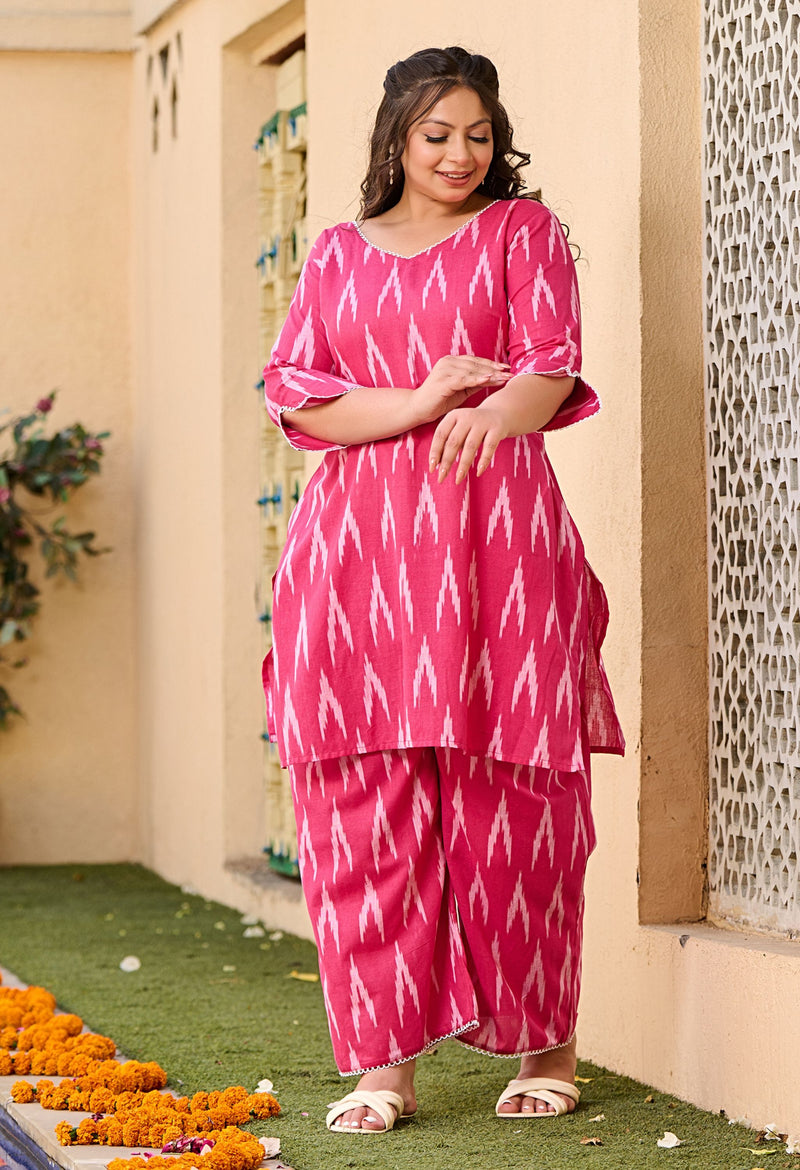 Plus Size Fuschia Pink Ikkat Cotton Co-ord Set