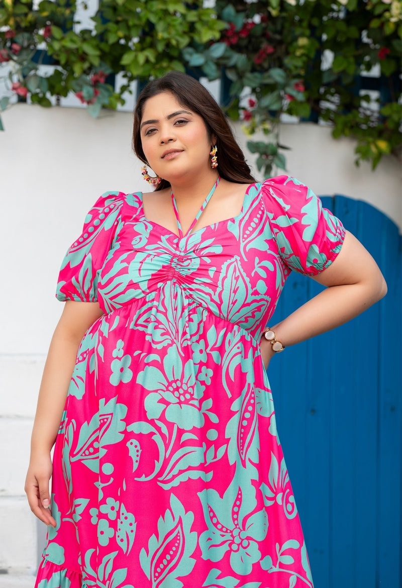 Plus Size Hot Pink Flowy Ruched Midi Dress