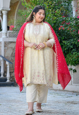 Inayat Ivory Silk Blend Embroidered 3-Piece Kurta Set with Rani Pink Dupatta