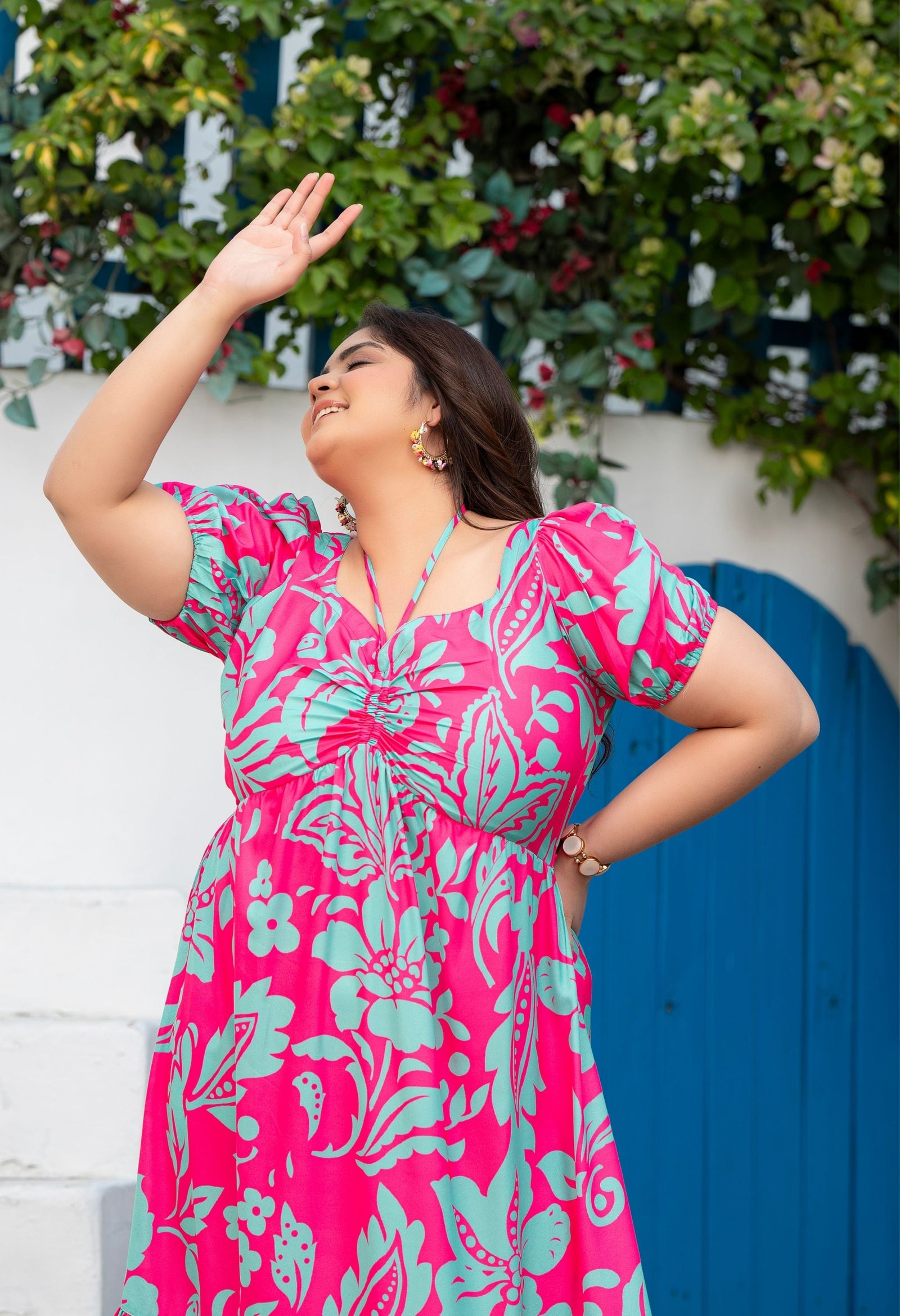 Plus Size Hot Pink Flowy Ruched Midi Dress - Main Image