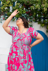 Plus Size Hot Pink Flowy Ruched Midi Dress