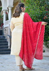 Inayat Ivory Silk Blend Embroidered 3-Piece Kurta Set with Rani Pink Dupatta