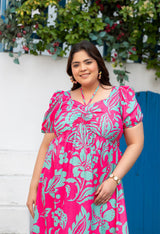 Plus Size Hot Pink Flowy Ruched Midi Dress