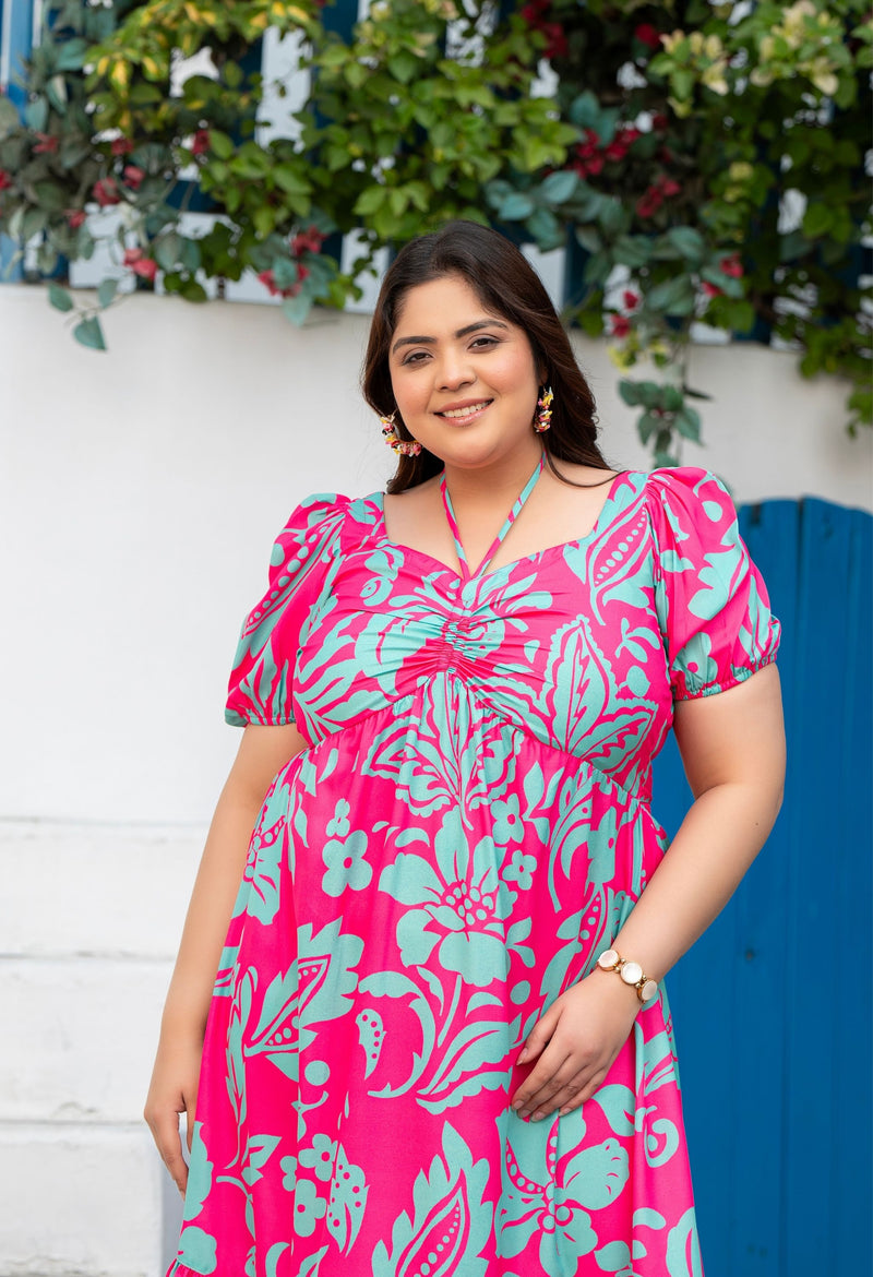 Plus Size Hot Pink Flowy Ruched Midi Dress