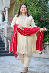 Inayat Ivory Silk Blend Embroidered 3-Piece Kurta Set with Rani Pink Dupatta