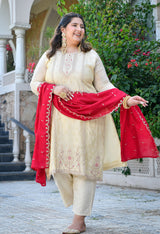Inayat Ivory Silk Blend Embroidered 3-Piece Kurta Set with Rani Pink Dupatta