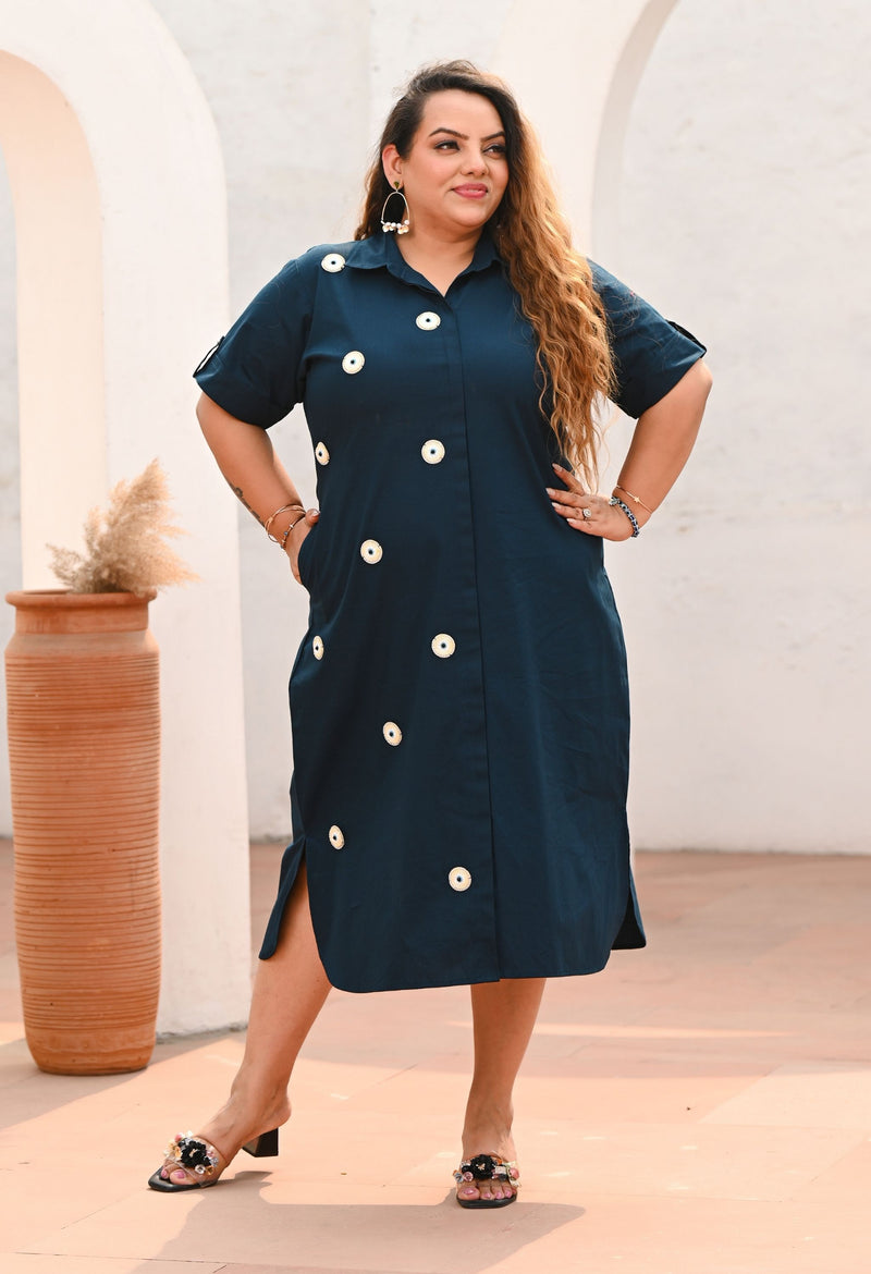 Plus Size Teal Blue Appliqué Evil Eye Shirt Dress