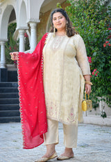 Inayat Ivory Silk Blend Embroidered 3-Piece Kurta Set with Rani Pink Dupatta