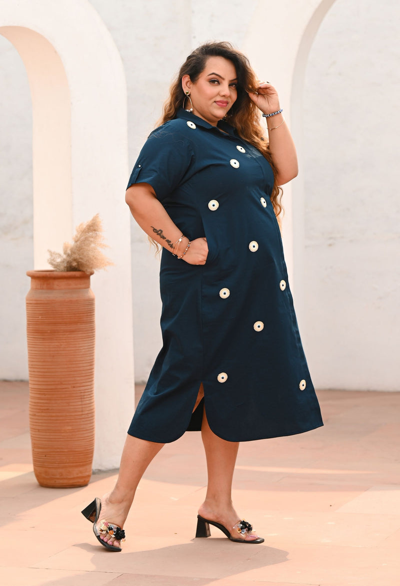 Plus Size Teal Blue Appliqué Evil Eye Shirt Dress