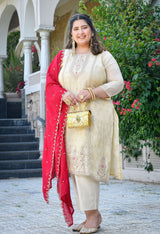 Inayat Ivory Silk Blend Embroidered 3-Piece Kurta Set with Rani Pink Dupatta