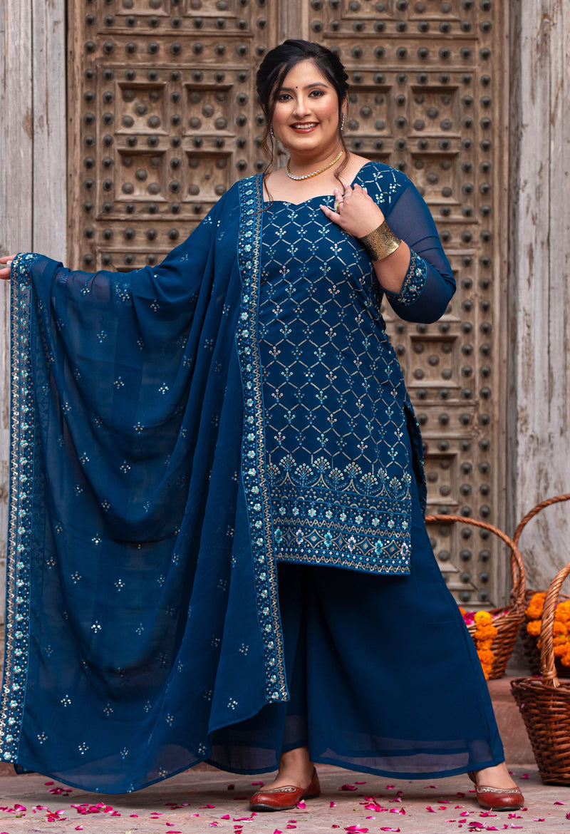 Glorious Teal Embroidered Sharara Set with Dupatta