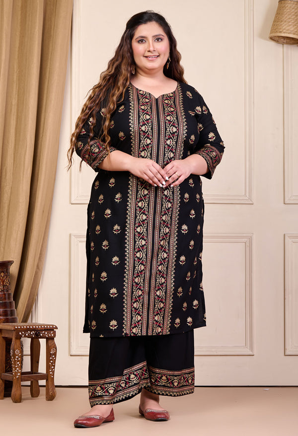 Plus Size Gold Printed Shervani Black Kurta Palazzo Set