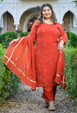 Zariya Rust Mul Chanderi Embroidered 3-Piece Kurta Set with Dupatta