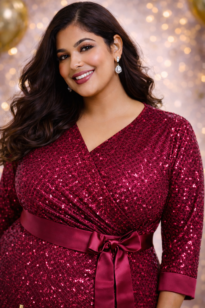 plus size sequin dress midi Plus Size Ruby Maroon Sequin Midi Dress – DESINOOR.COM