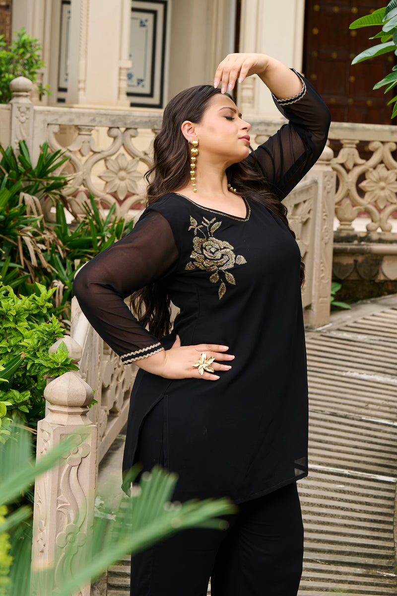 Plus Size Festive Black Embroidered Co-ord Set with Rose Motifs