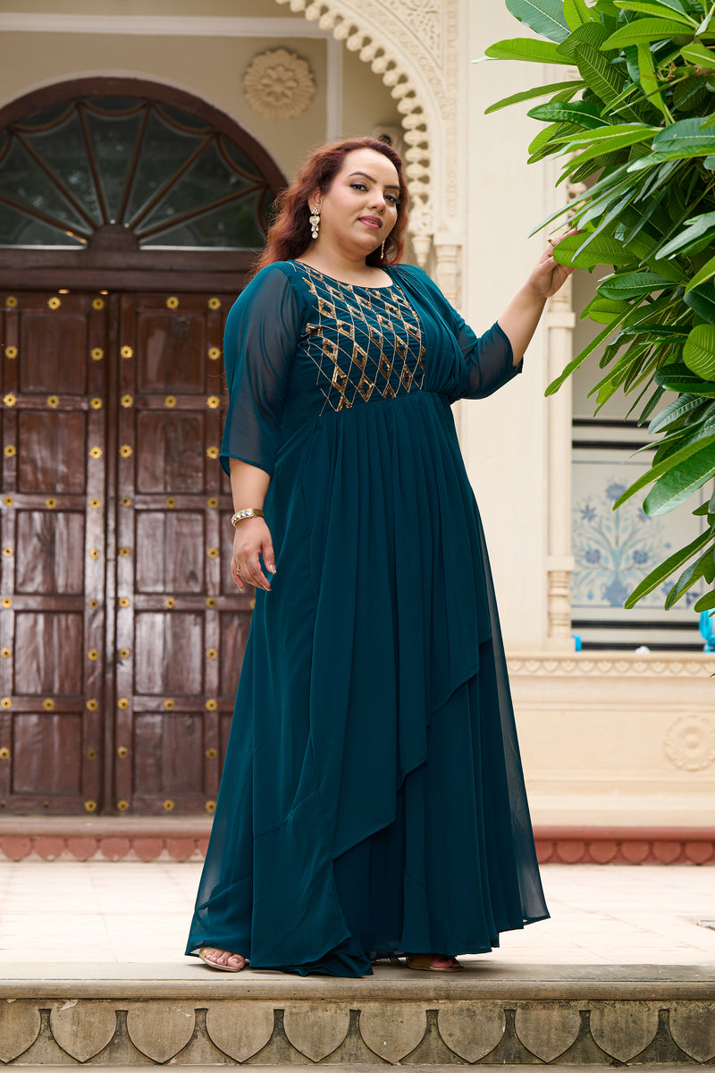 long dress from saree Plus Size Effortless Glamourous Teal Majesty Drape Saree Gown – DESINOOR.COM
