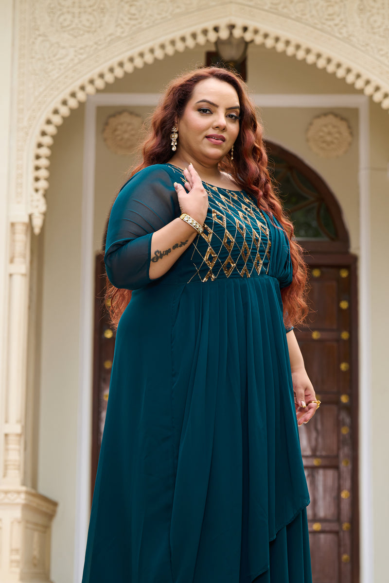 Plus Size Effortless Glamourous Teal Majesty Drape Saree Gown