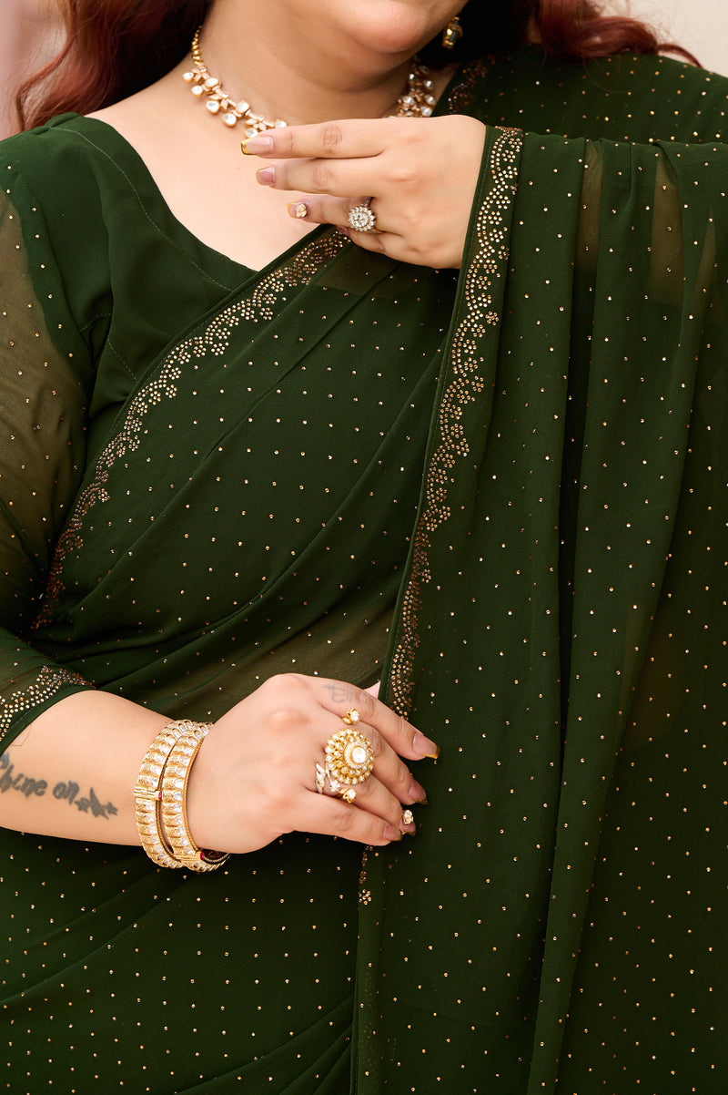 Plus Size Mehendi Green Ceroski Ready to Wear Drape Saree