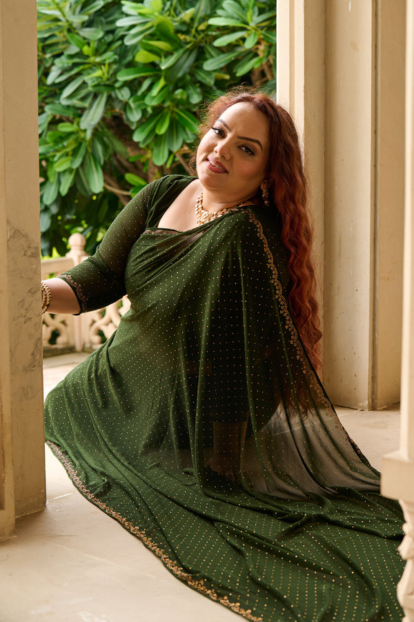 Plus Size Mehendi Green Ceroski Ready to Wear Drape Saree