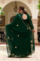 Plus Size Festive Emerald Green Georgette Anarkali Set with Hand Embellishments