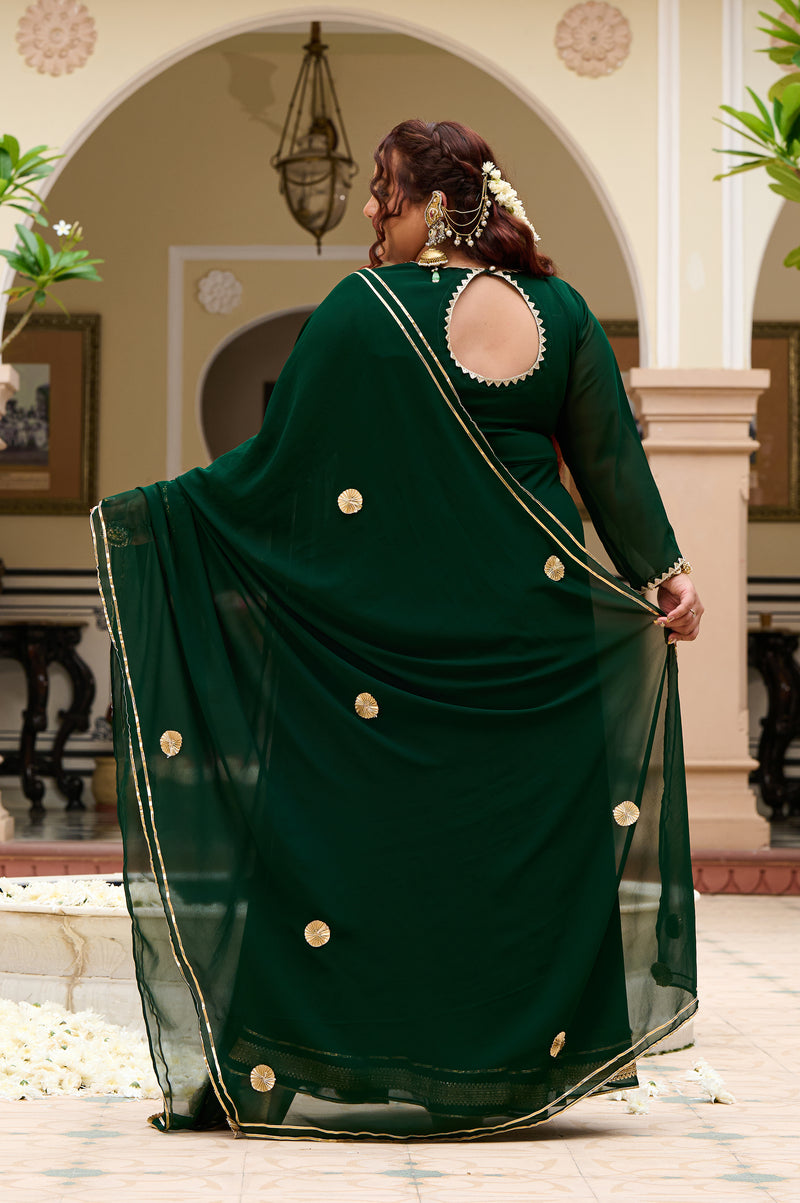 Plus Size Festive Emerald Green Georgette Anarkali Set with Hand Embellishments